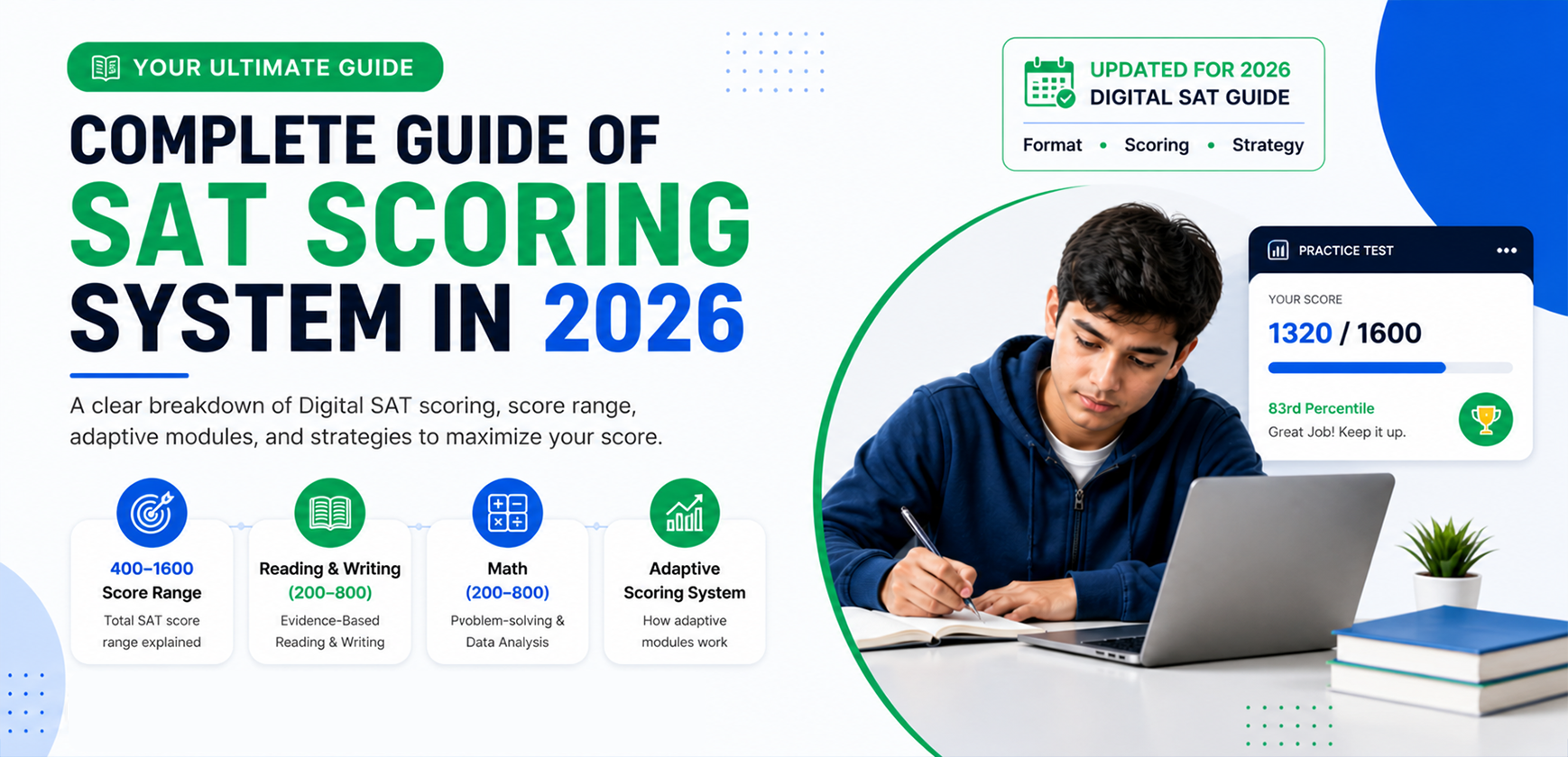 student checking digital SAT scoring system and practice test results on laptop for SAT 2026 preparation