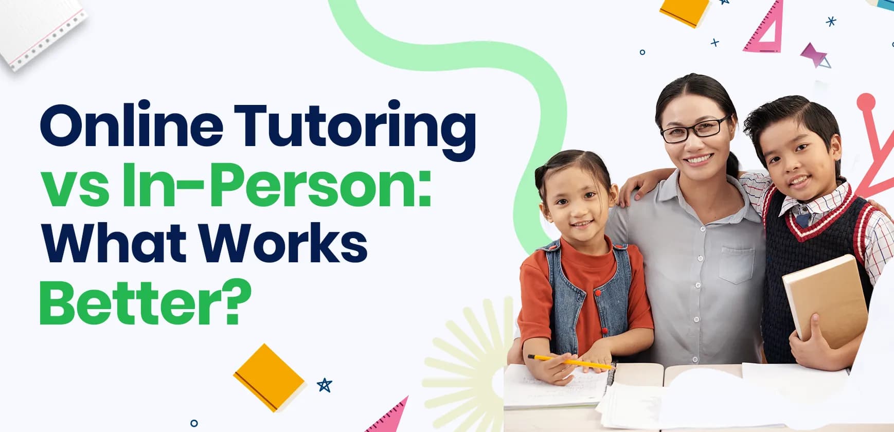 A split banner showing a student learning via laptop online tutoring next to a student receiving face-to-face in-person tutoring