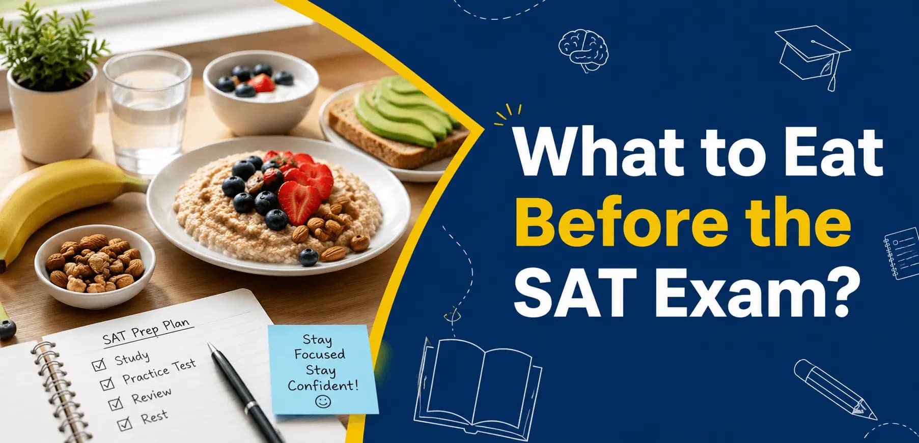 Healthy SAT exam breakfast with eggs, oatmeal, fruit, and water to improve focus, energy, and performance on SAT test day
