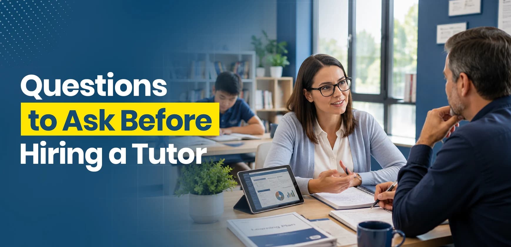 Parent discussing tutoring options with a student and an experienced tutor before choosing the right academic support for exam preparation and learning success.